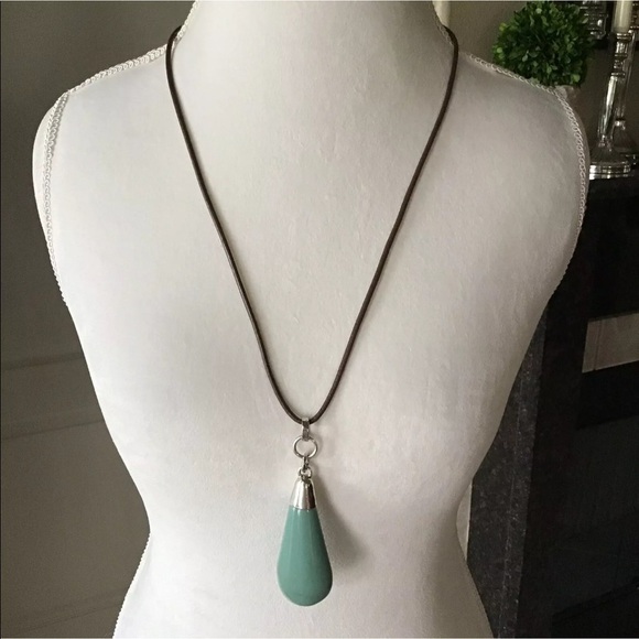 NEW Aqua Teardrop Pendant Statement Drop Necklace Long Wax Cord Mod Resin - Picture 1 of 6